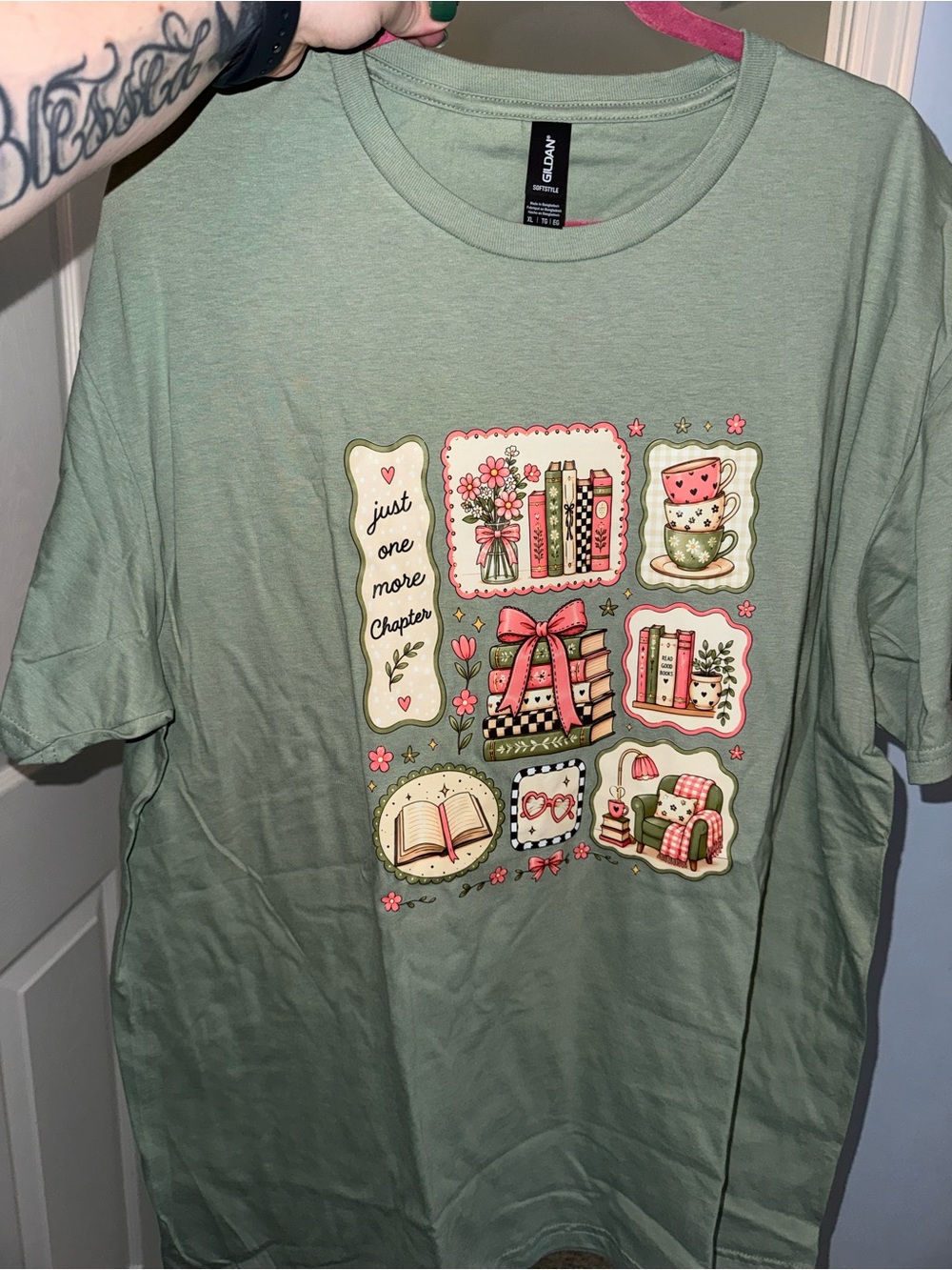 Gildan Sage Green women’s Graphic Tee with Bookish Illustrations
